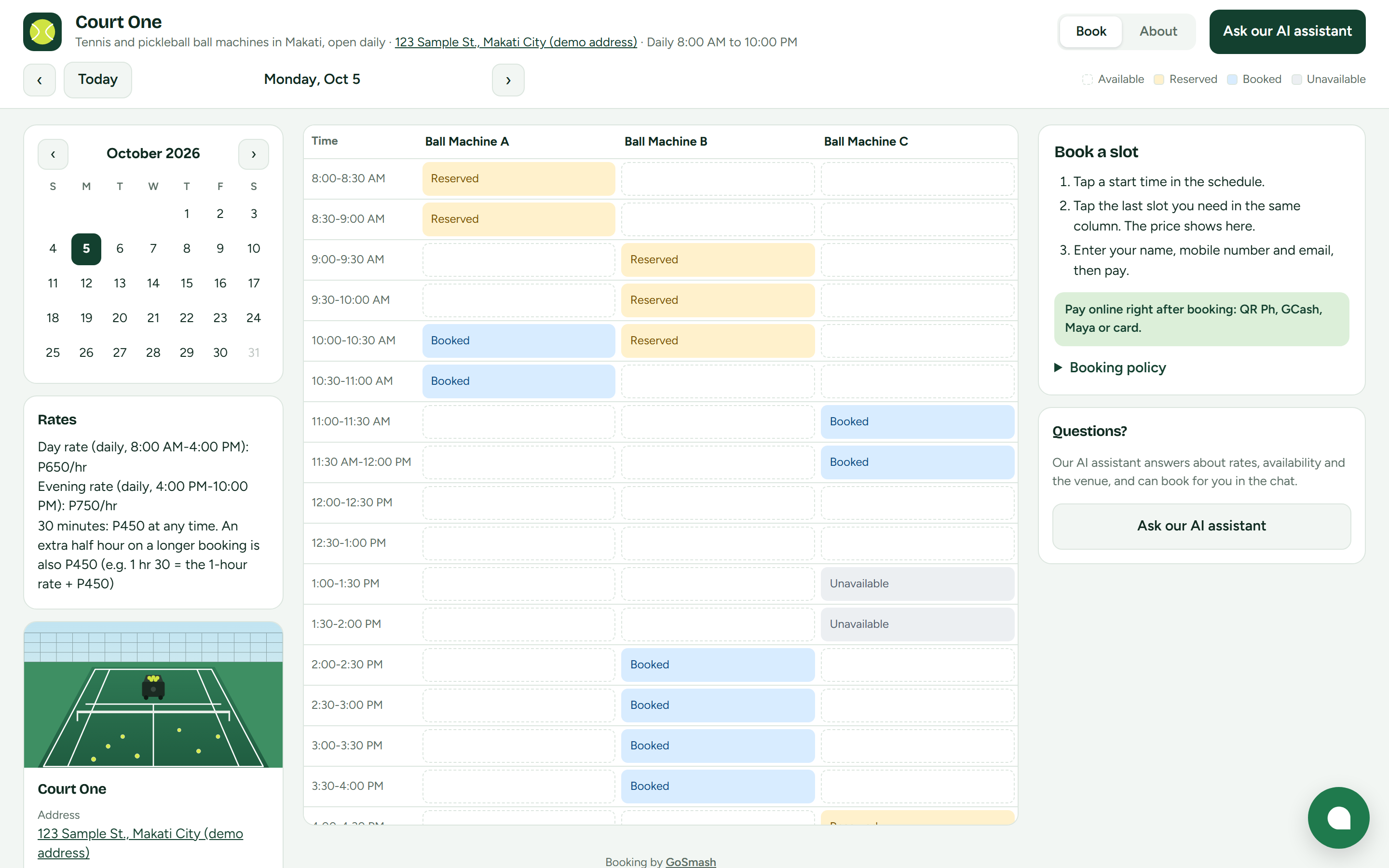 Venue booking page
